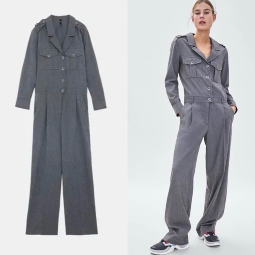 ZARA Grey Long Utility Jumpsuit Long Sleeve Pantsuit